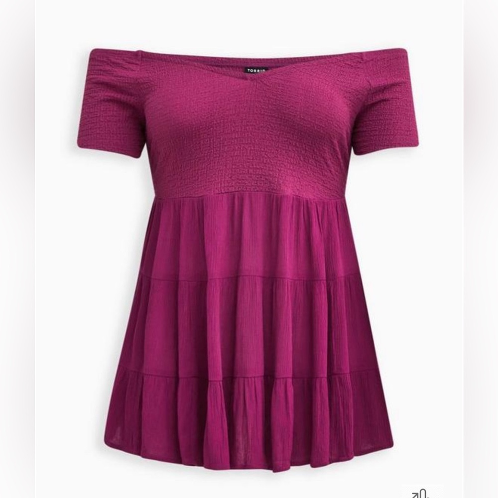 Fabric Mix Knit And Crinkle Gauze Off The Shoulder Smocked Bodice Top